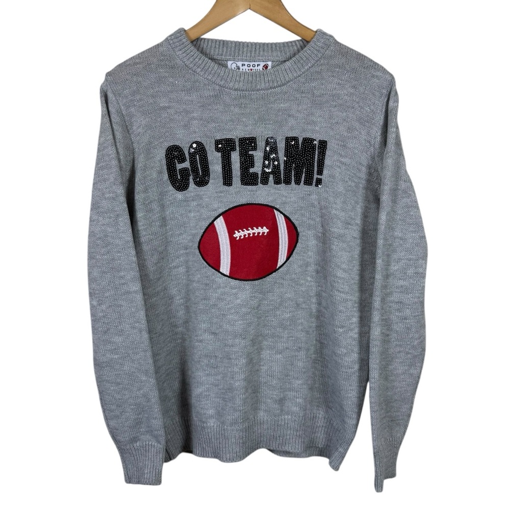 Poof! Women Gray Crewneck Sweater “Go Team”with Football Design Size Medium